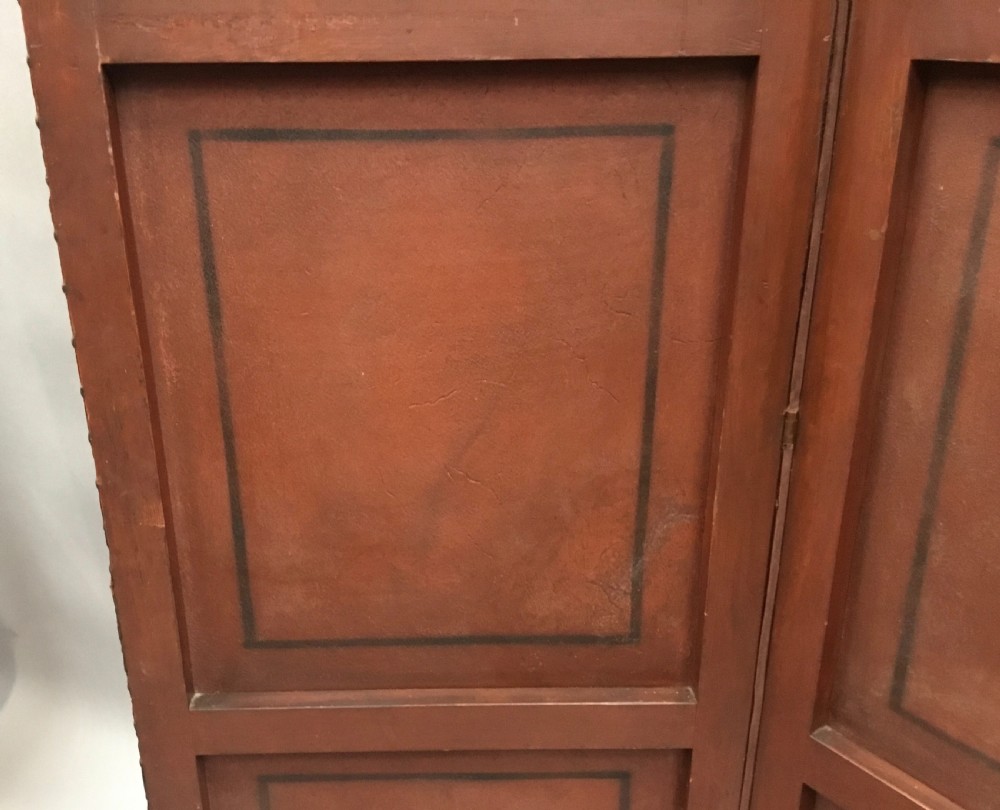 C19th painted leather three fold screen View XVII