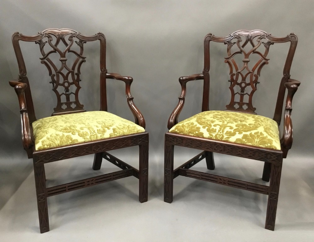 C19th pair of carved mahogany open armchairs in the Chippendale manner View II
