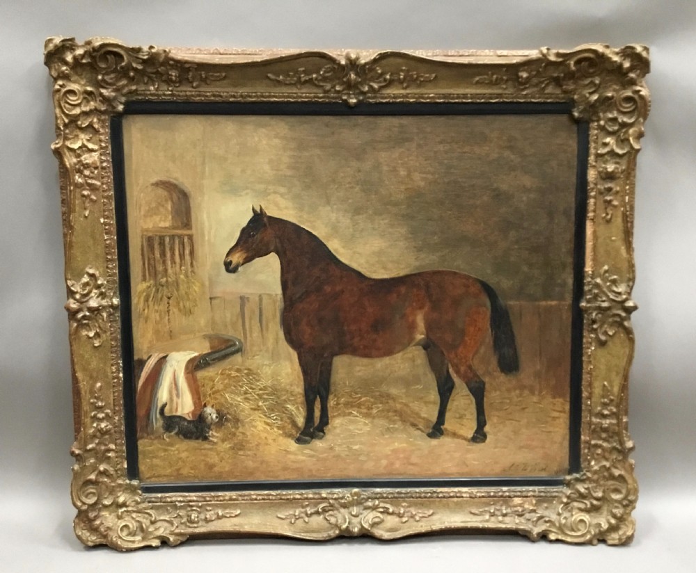 Large C19th oil painting of a horse and terrier by John McLeod