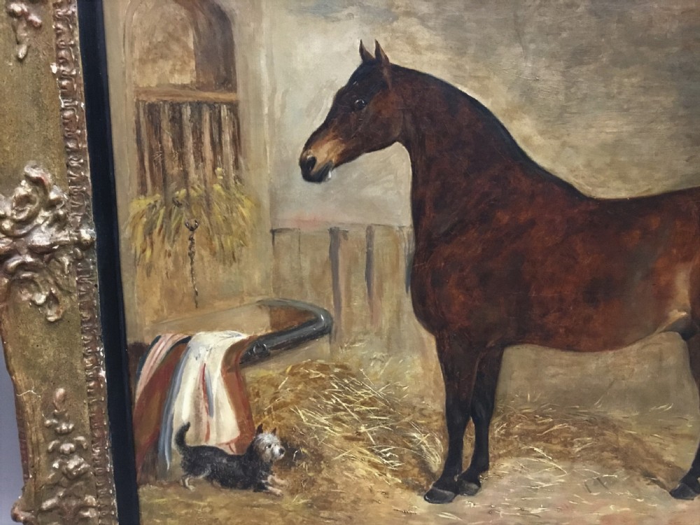 Large C19th oil painting of a horse and terrier by John McLeod View VII
