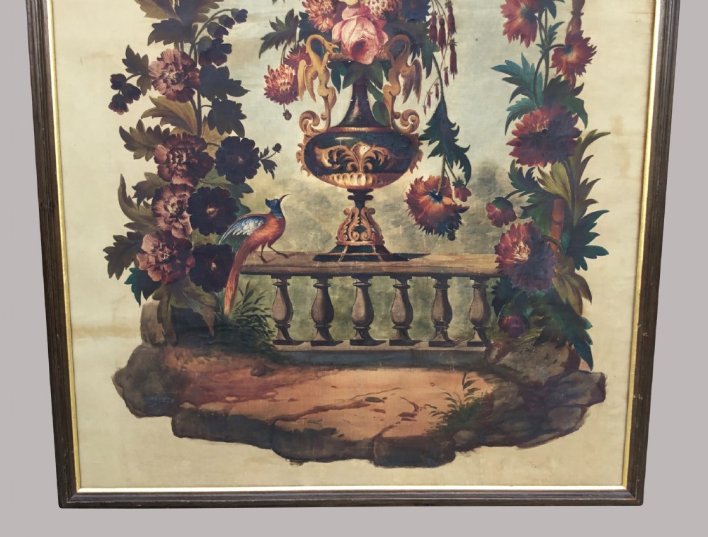 A nineteenth-century oil painting on canvas depicting a floral arrangement in a classical urn, exotic birds, and a palm tree behind a stone balustrade, set within a dark wooden frame with a gold slip. View IV
