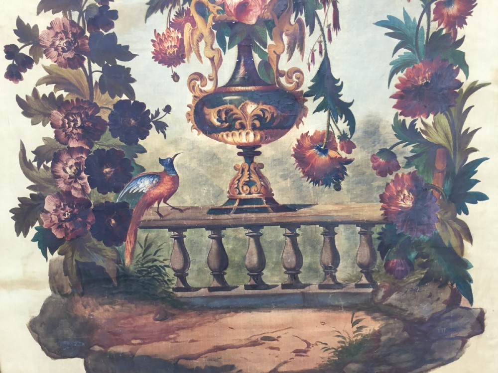 A nineteenth-century oil painting on canvas depicting a floral arrangement in a classical urn, exotic birds, and a palm tree behind a stone balustrade, set within a dark wooden frame with a gold slip. View VIII