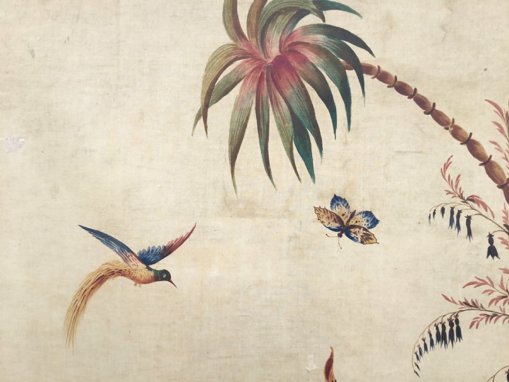 A nineteenth-century oil painting on canvas depicting a floral arrangement in a classical urn, exotic birds, and a palm tree behind a stone balustrade, set within a dark wooden frame with a gold slip. View XIII