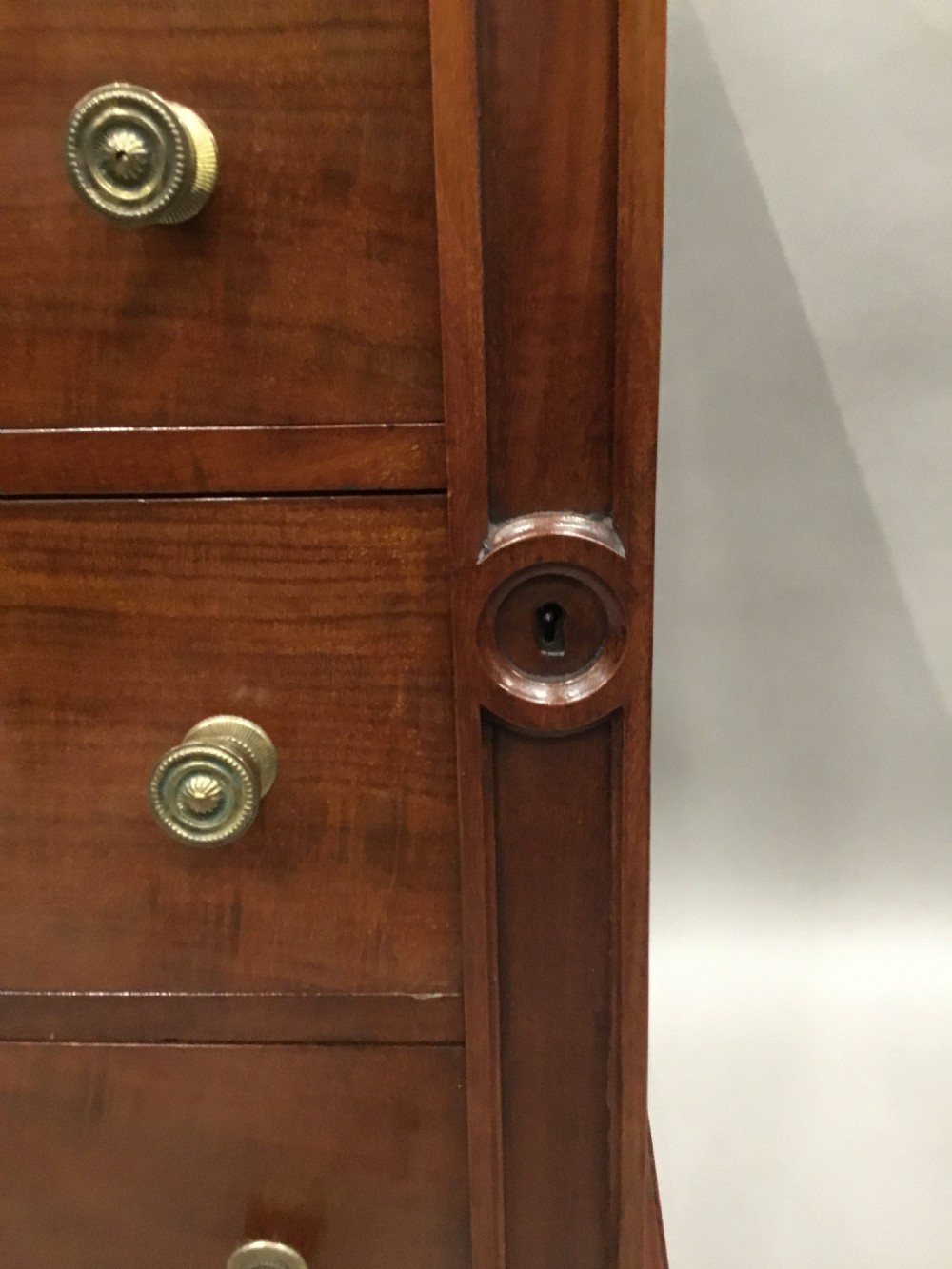 A pair of tall, narrow mahogany Wellington chests featuring four drawers each, turned brass knobs, and carved roundel pilasters on plinth bases. View XIII