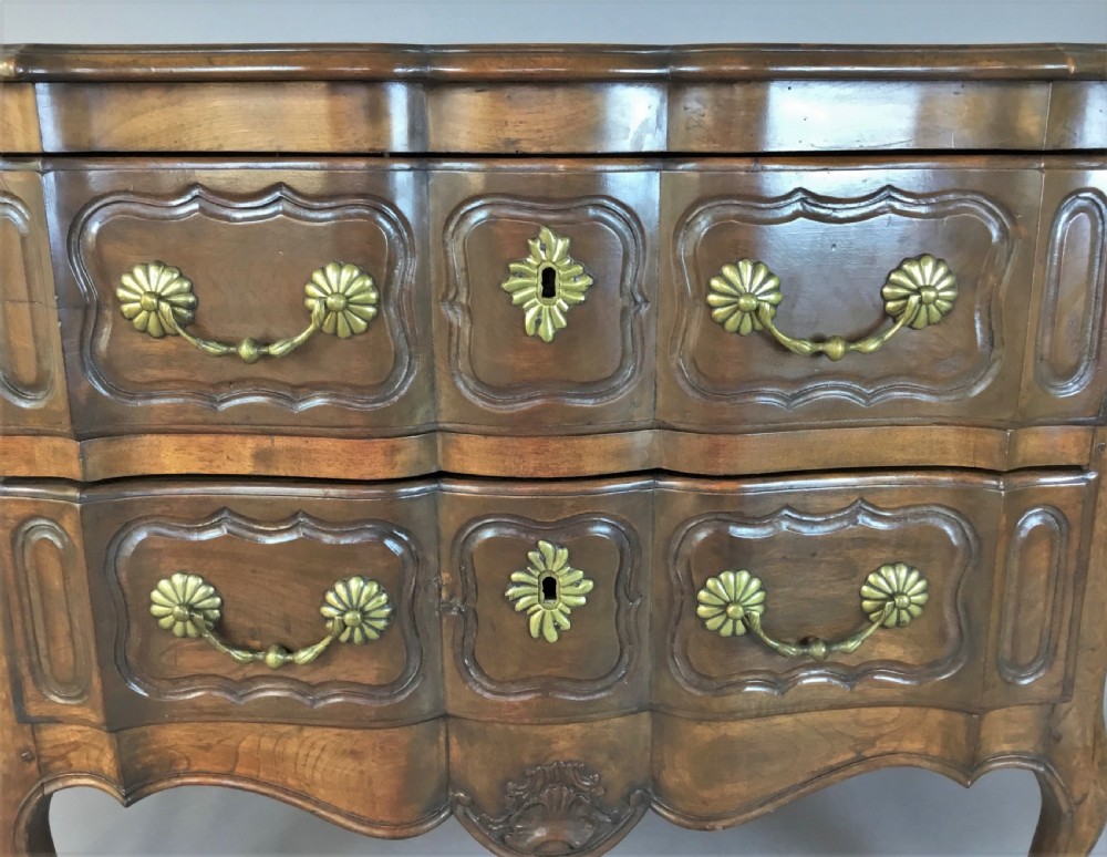 C18th French provincial walnut serpentine commode; of desirable neat proportions View XVI