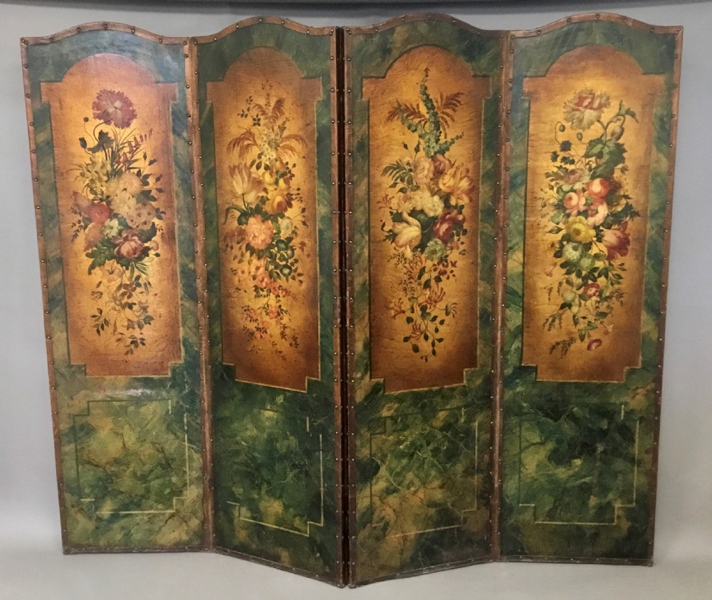 A 19th-century four-fold leather room divider screen featuring painted floral panels framed in faux-marble green borders with brass stud detailing. View III