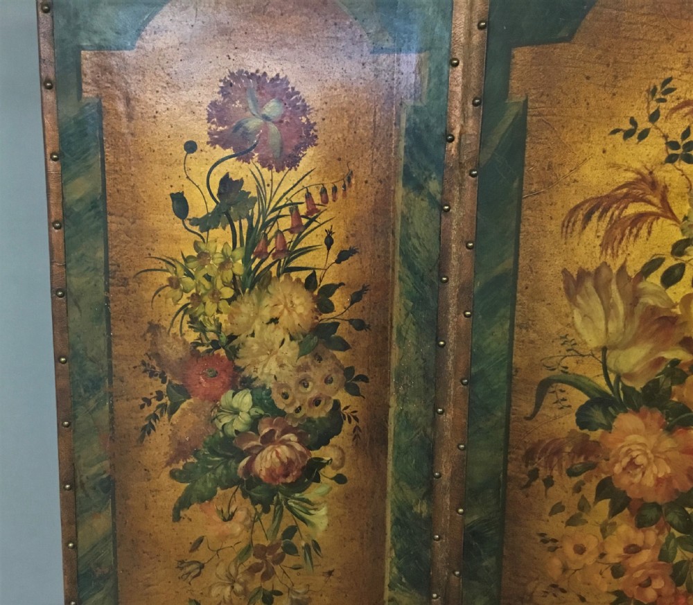 A 19th-century four-fold leather room divider screen featuring painted floral panels framed in faux-marble green borders with brass stud detailing. View VIII