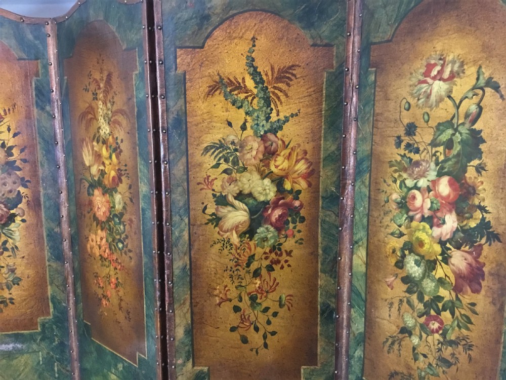 A 19th-century four-fold leather room divider screen featuring painted floral panels framed in faux-marble green borders with brass stud detailing. View XI