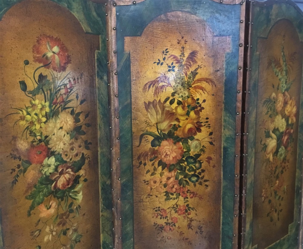 A 19th-century four-fold leather room divider screen featuring painted floral panels framed in faux-marble green borders with brass stud detailing. View XII