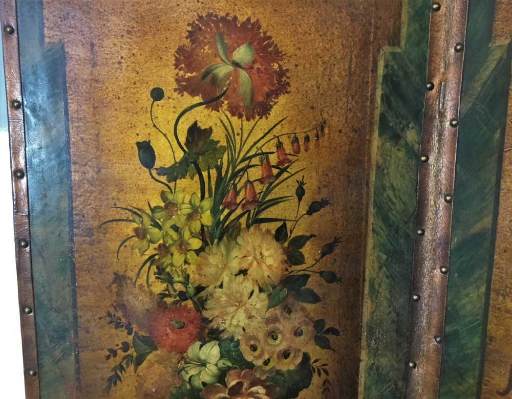 A 19th-century four-fold leather room divider screen featuring painted floral panels framed in faux-marble green borders with brass stud detailing. View XIII