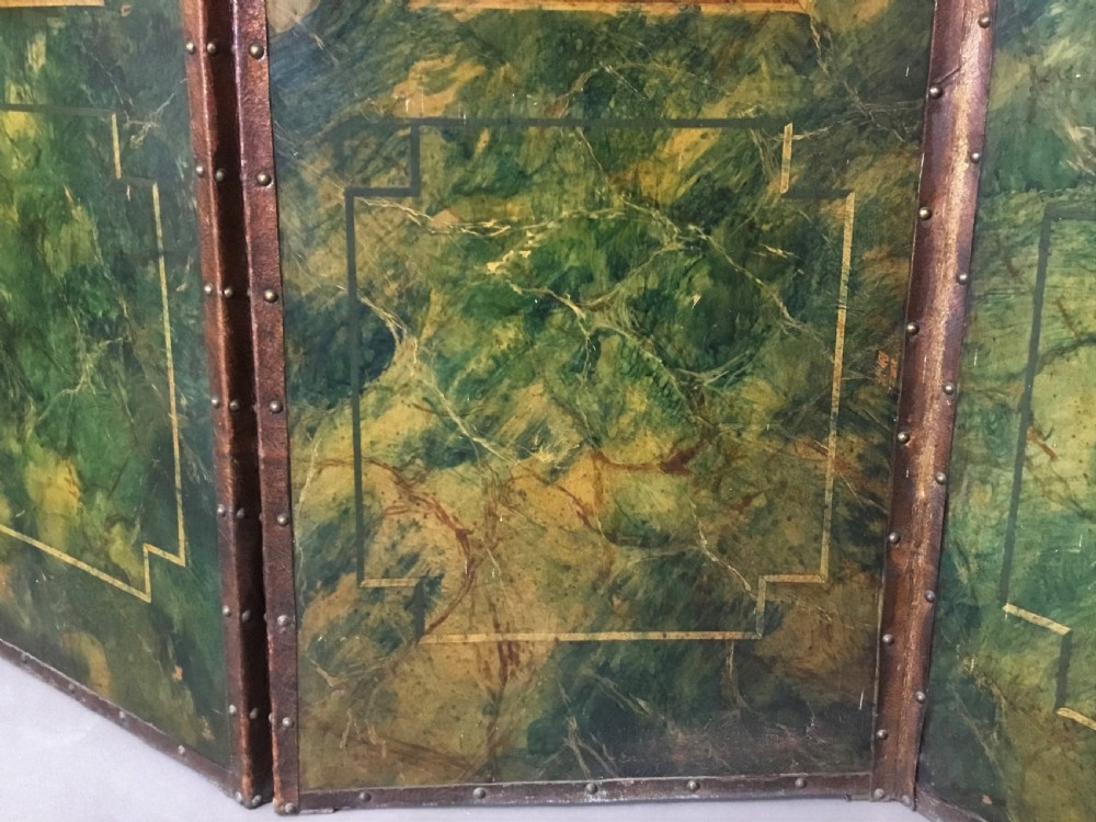 A 19th-century four-fold leather room divider screen featuring painted floral panels framed in faux-marble green borders with brass stud detailing. View XIV