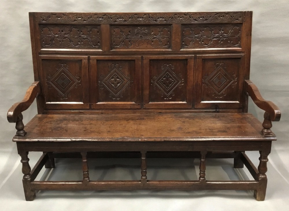 Rare exceptional late C17th English oak settle; lovely original condition with a good colour and patina