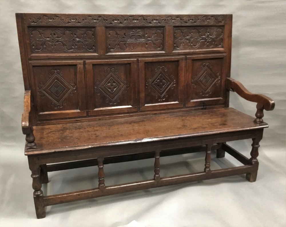 Rare exceptional late C17th English oak settle; lovely original condition with a good colour and patina View II