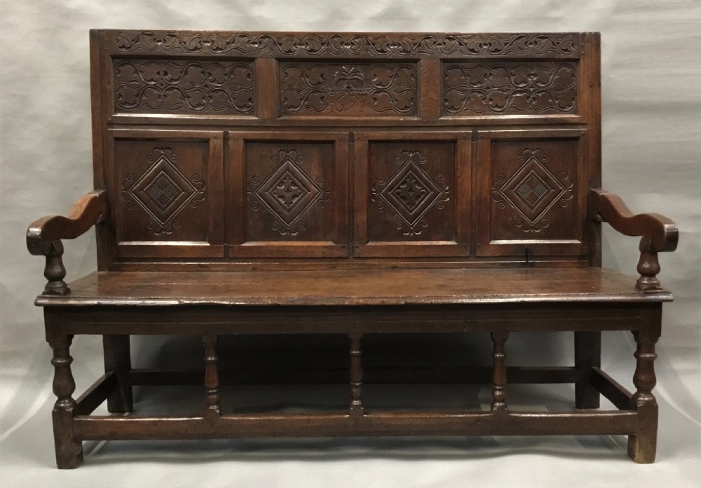 Rare exceptional late C17th English oak settle; lovely original condition with a good colour and patina View IV
