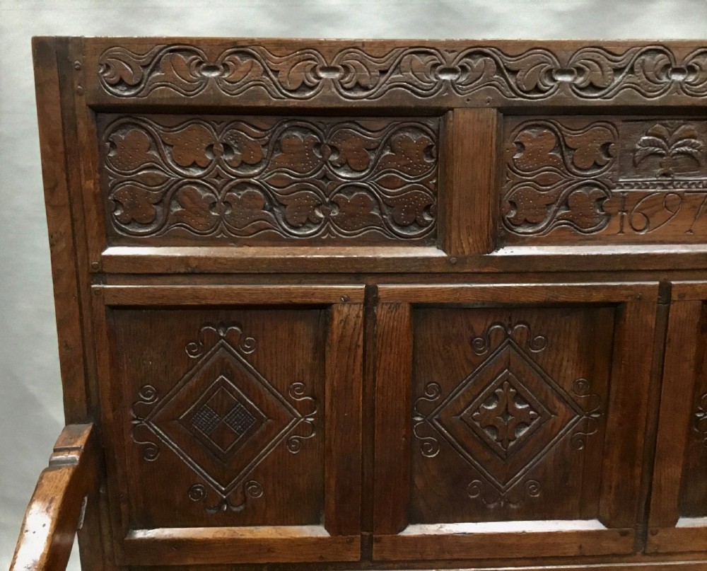 Rare exceptional late C17th English oak settle; lovely original condition with a good colour and patina View V