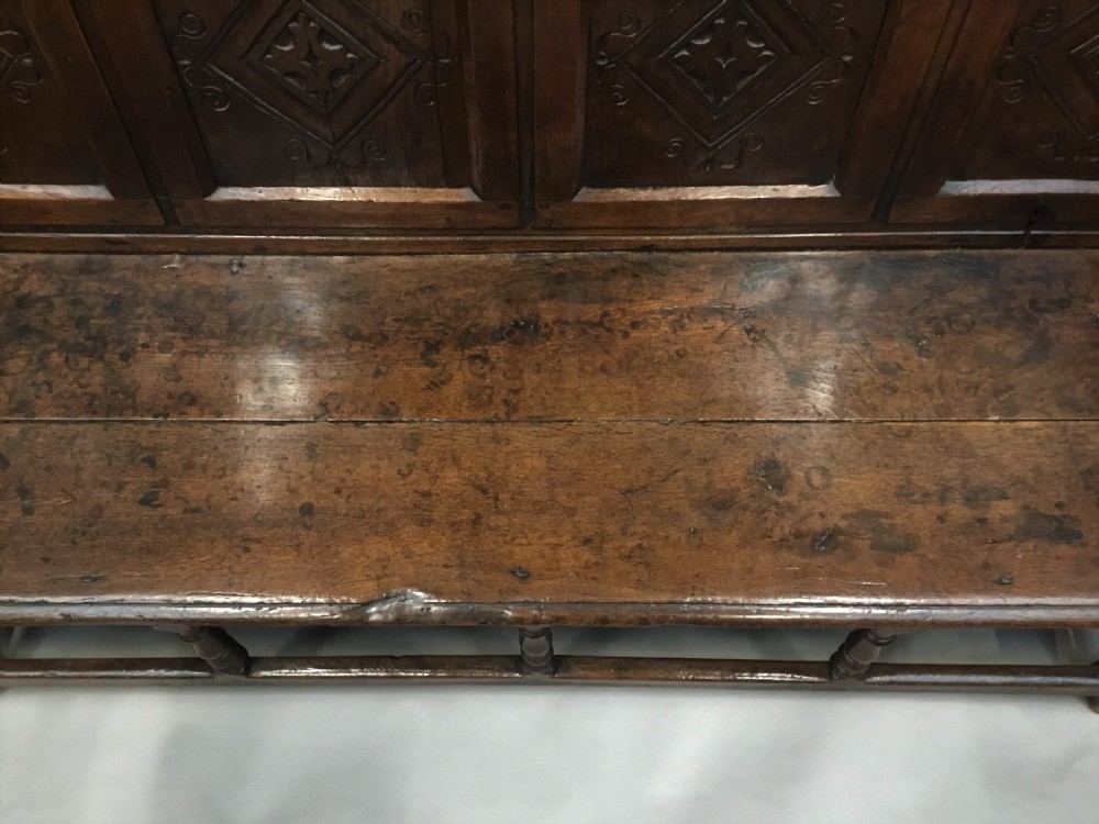 Rare exceptional late C17th English oak settle; lovely original condition with a good colour and patina View VI