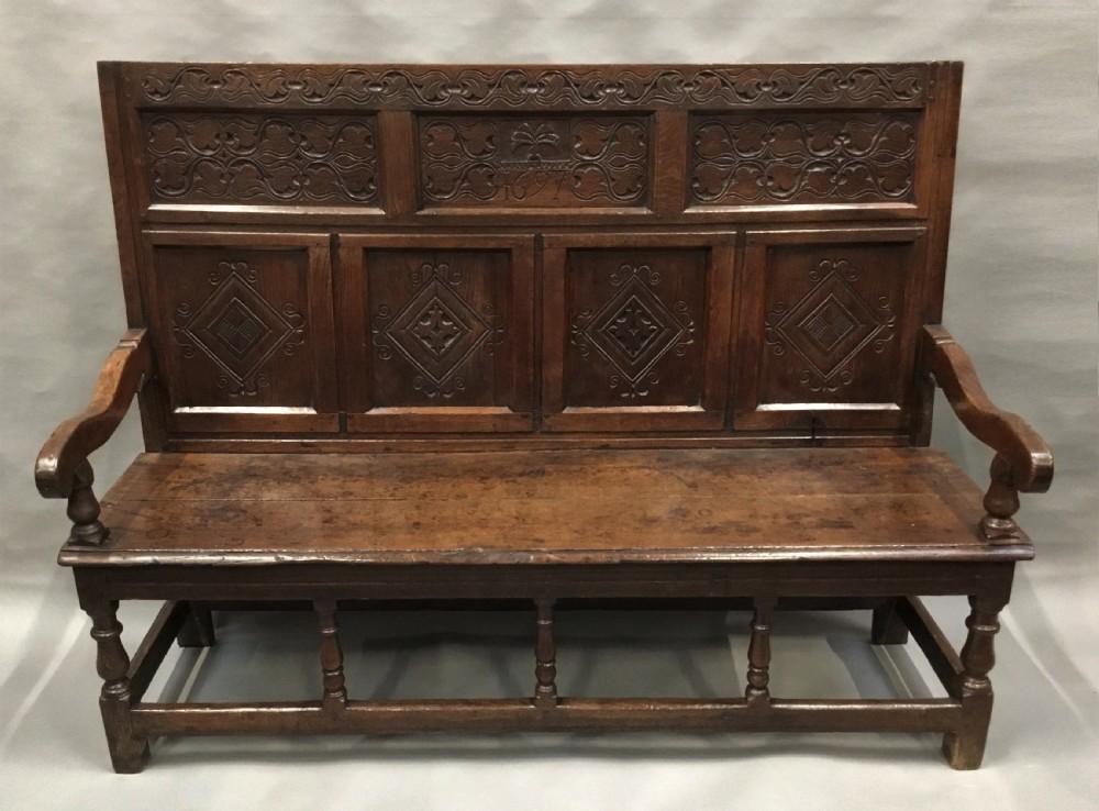 Rare exceptional late C17th English oak settle; lovely original condition with a good colour and patina View VII