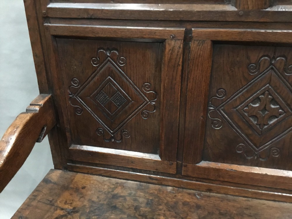 Rare exceptional late C17th English oak settle; lovely original condition with a good colour and patina View X