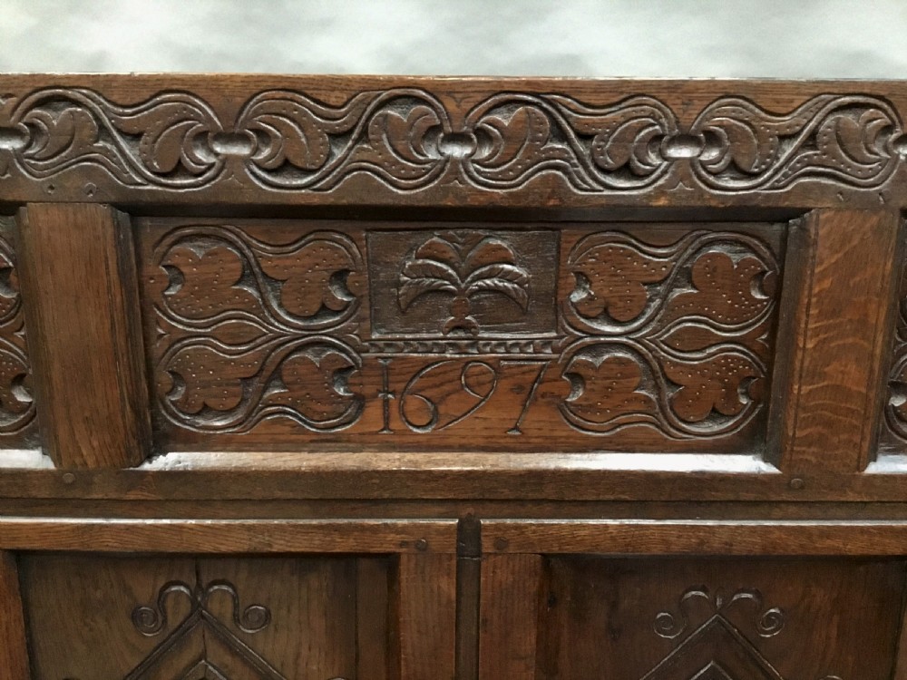 Rare exceptional late C17th English oak settle; lovely original condition with a good colour and patina View XI