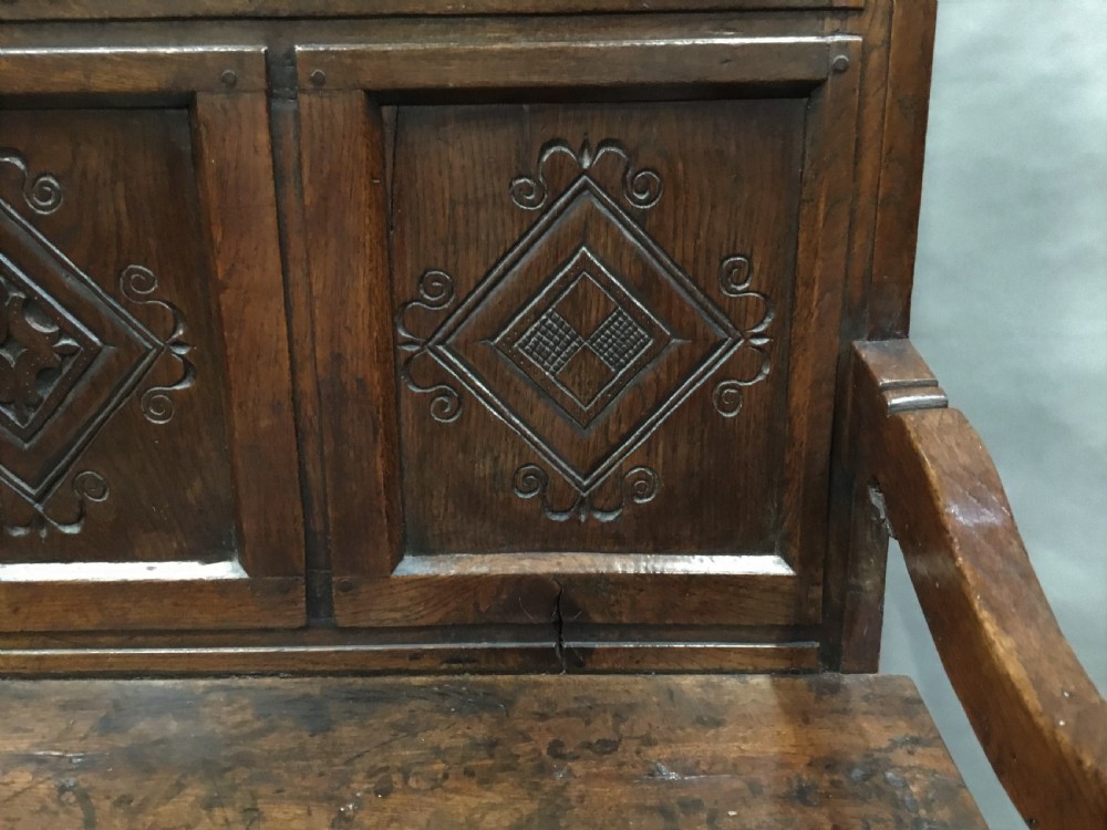 Rare exceptional late C17th English oak settle; lovely original condition with a good colour and patina View XIV