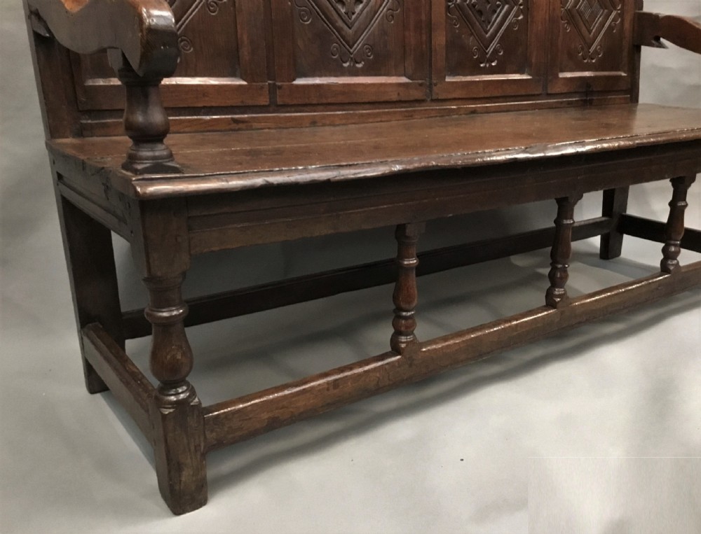 Rare exceptional late C17th English oak settle; lovely original condition with a good colour and patina View XV