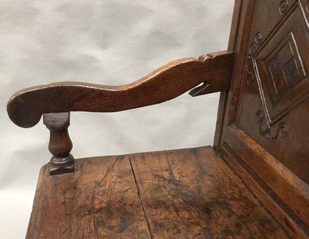 Rare exceptional late C17th English oak settle; lovely original condition with a good colour and patina View XXI