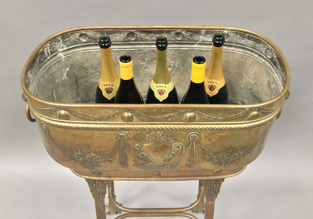 Impressive C19th large brass jardiniere / wine cooler on stand View V
