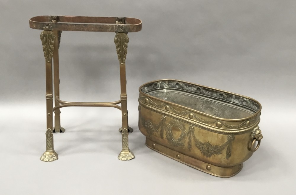 Impressive C19th large brass jardiniere / wine cooler on stand View VI