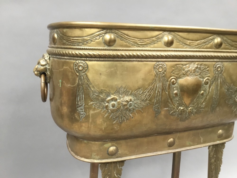 Impressive C19th large brass jardiniere / wine cooler on stand View VIII