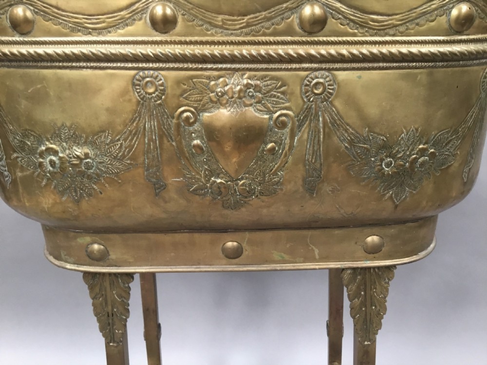 Impressive C19th large brass jardiniere / wine cooler on stand View X
