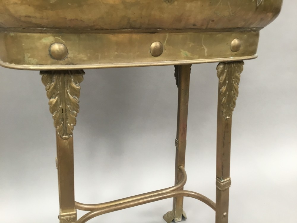 Impressive C19th large brass jardiniere / wine cooler on stand View XIV