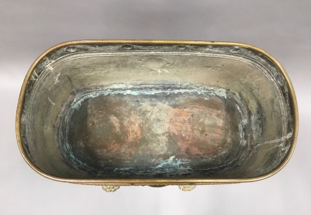 Impressive C19th large brass jardiniere / wine cooler on stand View XVII