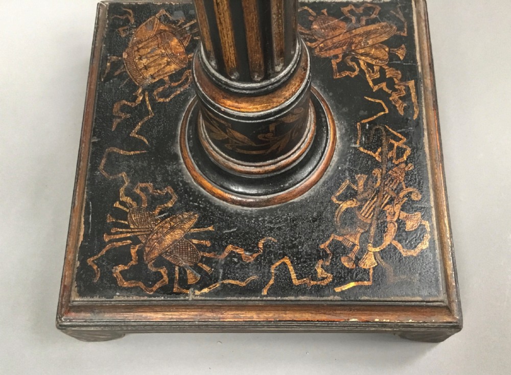 A square-topped Regency neoclassical painted pedestal occasional table with central winged figure motif and turned column on a plinth base. View VI