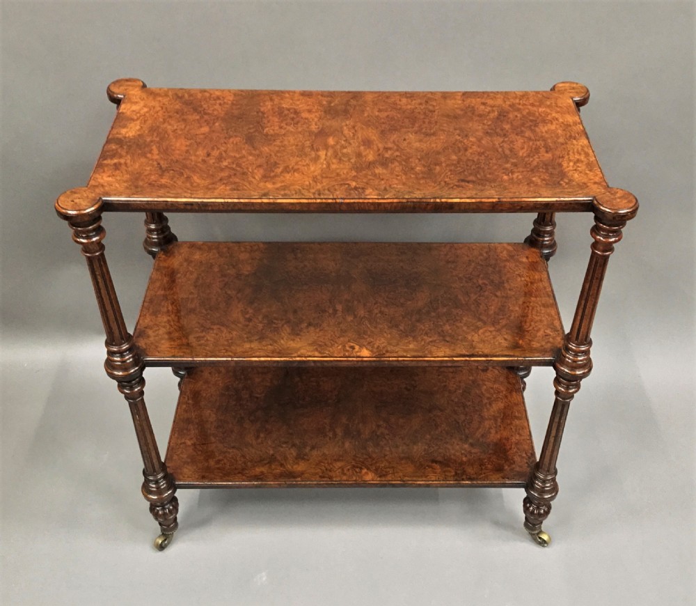 Excellent quality C19th English burr walnut etagere; attributed to Holland and Sons View II