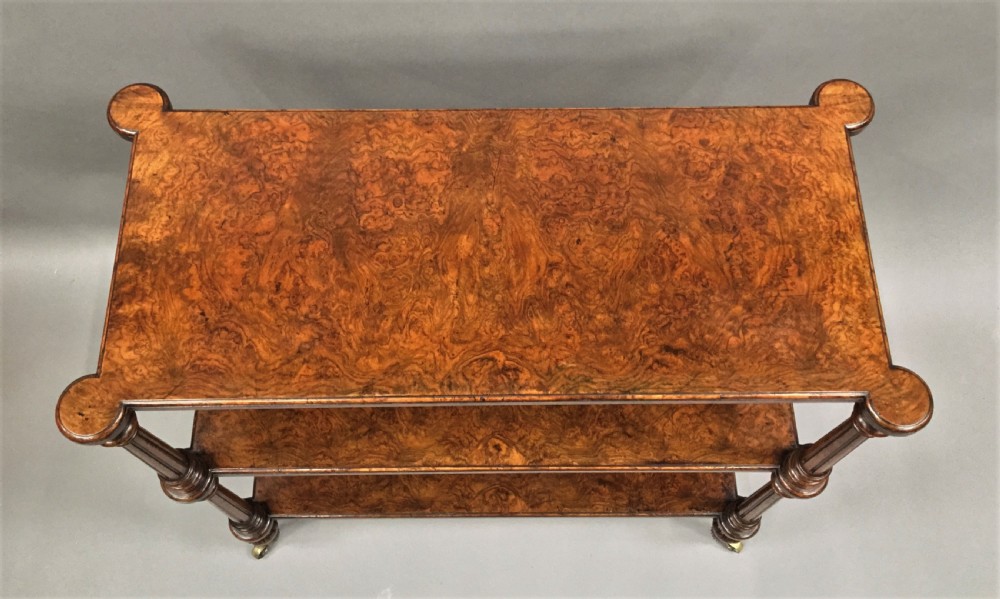Excellent quality C19th English burr walnut etagere; attributed to Holland and Sons View III