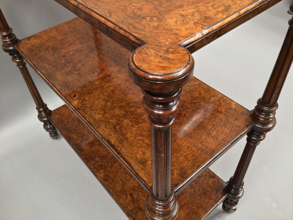 Excellent quality C19th English burr walnut etagere; attributed to Holland and Sons View IV