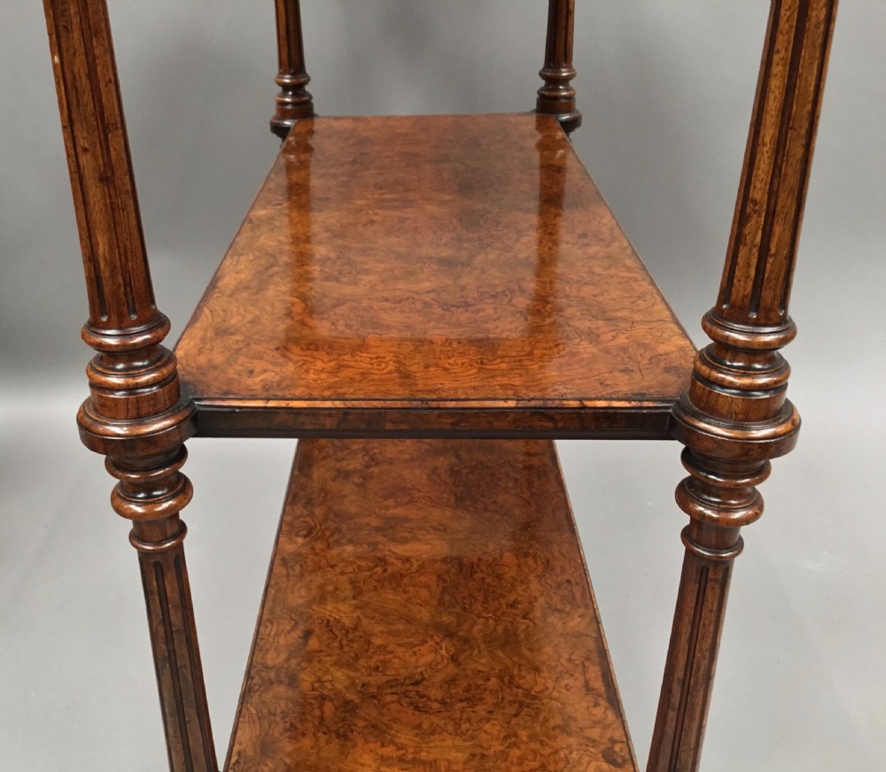 Excellent quality C19th English burr walnut etagere; attributed to Holland and Sons View VI