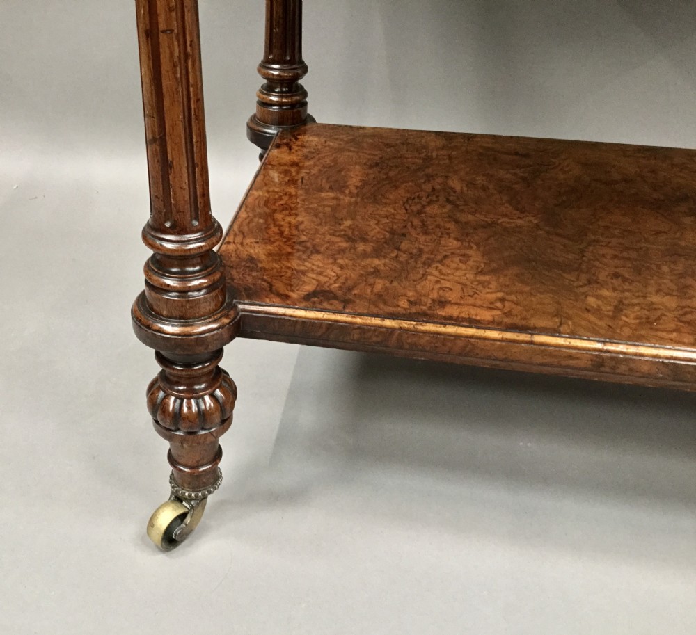 Excellent quality C19th English burr walnut etagere; attributed to Holland and Sons View VII