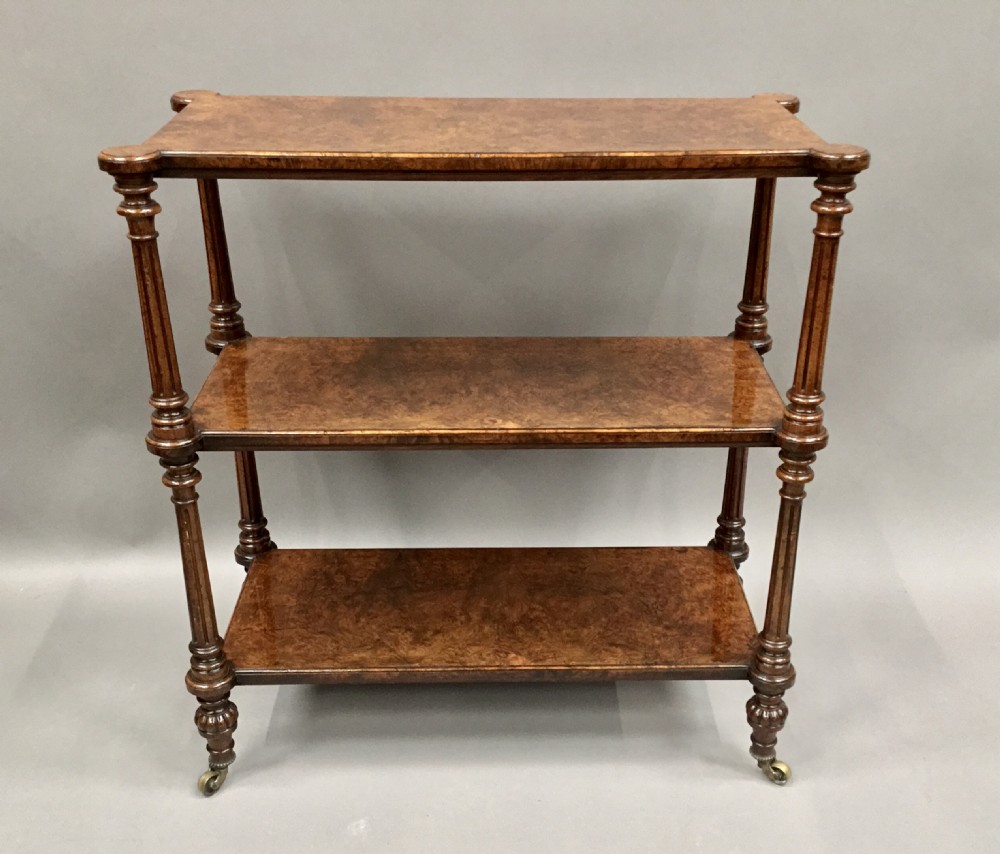 Excellent quality C19th English burr walnut etagere; attributed to Holland and Sons View X