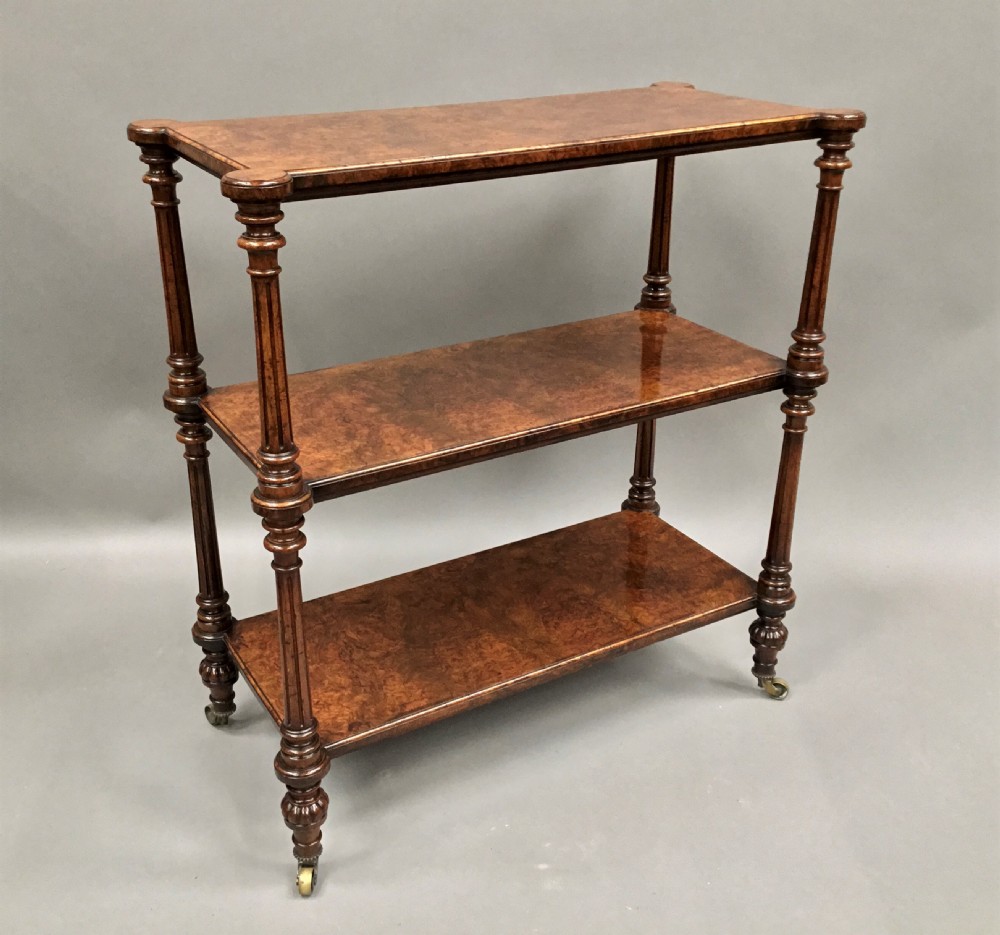 Excellent quality C19th English burr walnut etagere; attributed to Holland and Sons View XI