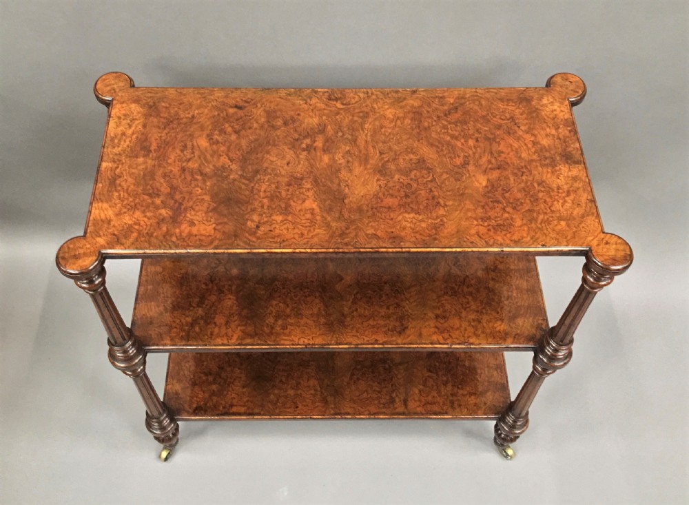 Excellent quality C19th English burr walnut etagere; attributed to Holland and Sons View XIV