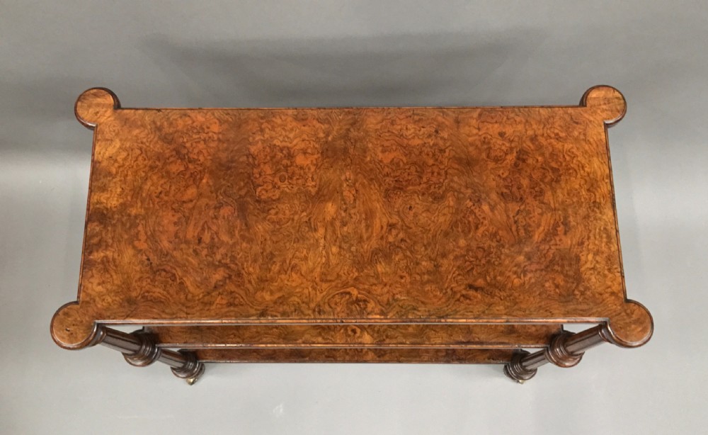 Excellent quality C19th English burr walnut etagere; attributed to Holland and Sons View XV