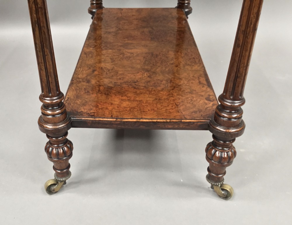 Excellent quality C19th English burr walnut etagere; attributed to Holland and Sons View XVI