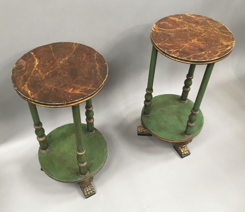 A pair of tall 19th-century Swedish neoclassical stands painted green with gilded accents, circular tops, lower shelves, and turned columns raised on carved lion paw feet. View IV
