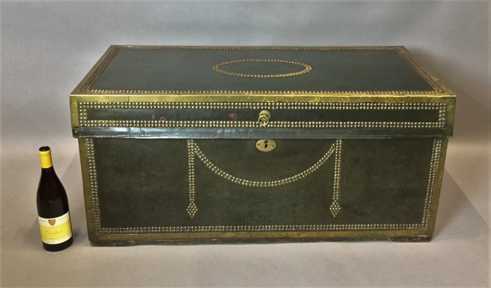C19th large leather and brass camphor trunk View II