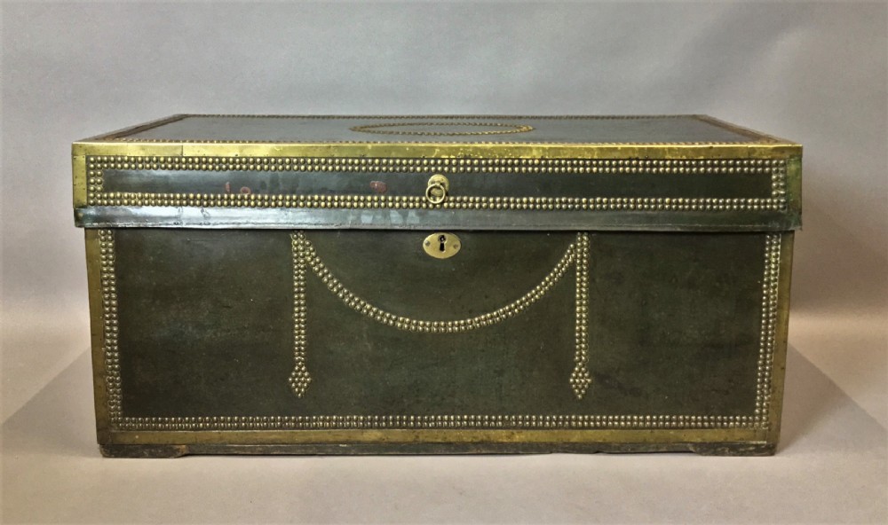 C19th large leather and brass camphor trunk View X
