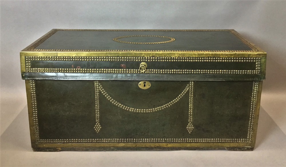 C19th large leather and brass camphor trunk View XII