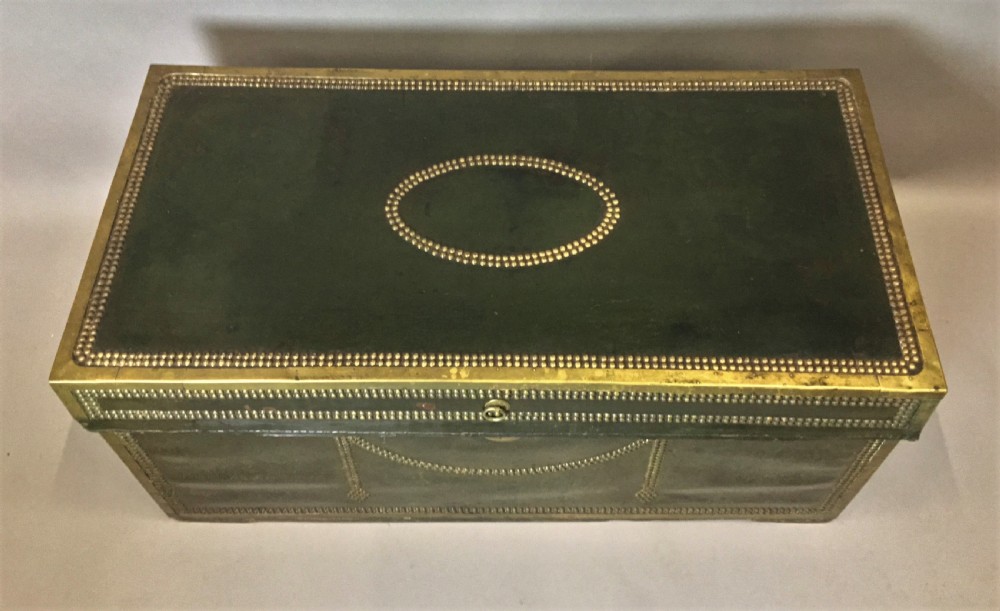 C19th large leather and brass camphor trunk View XIV