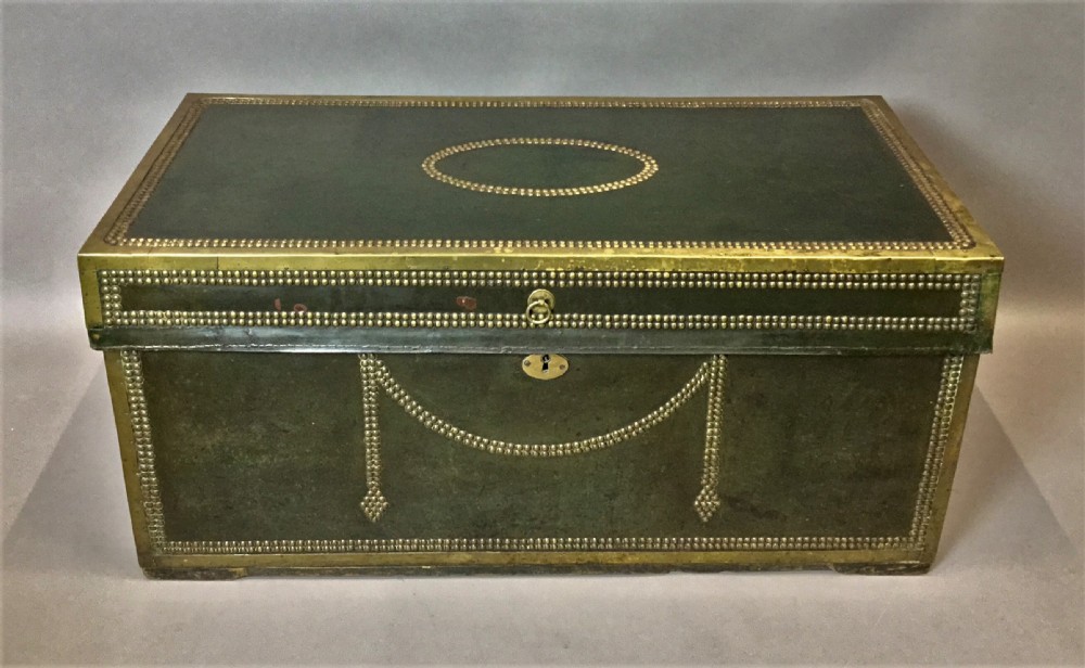 C19th large leather and brass camphor trunk View XVI