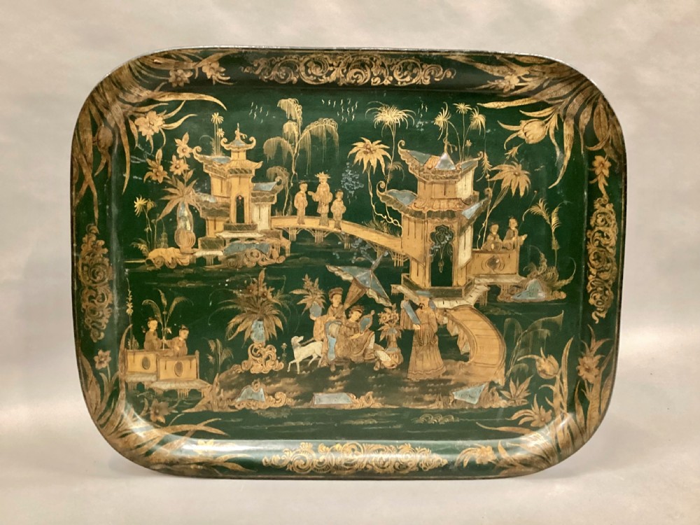 Large Regency Chinoiserie tole tray in rare and desirable green lacquer